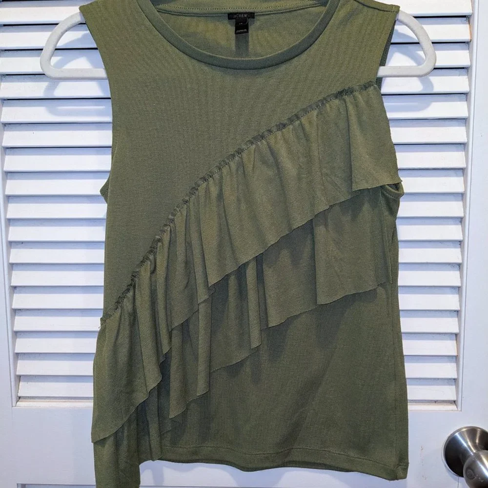 EUC J Crew Women's Drapey Two Tier Ruffle Tank Top Size XS Green Spring Preppy - Picture 2 of 9